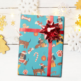 かわいいターコイズブルーのクリスマスのダックスフント メリー ウーフマス ラッピングペーパー
