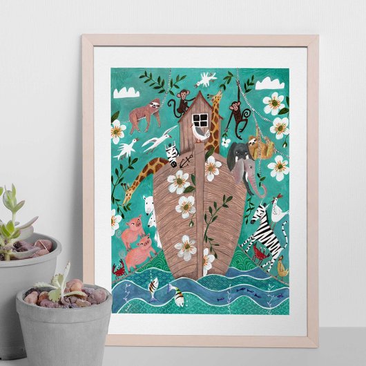 かわいいターコイズブルーの子供のノアの箱舟 子供たち ポスター