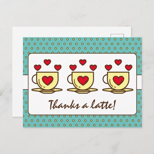 かわいいターコイズブルー感謝の気持ちをコーヒー好きな友達や家族に伝えるラテのお礼 ポストカード (正面/裏面)