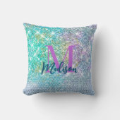 かわいいターコイズユニコーンフェイクグリッターモノグラム クッション (正面)