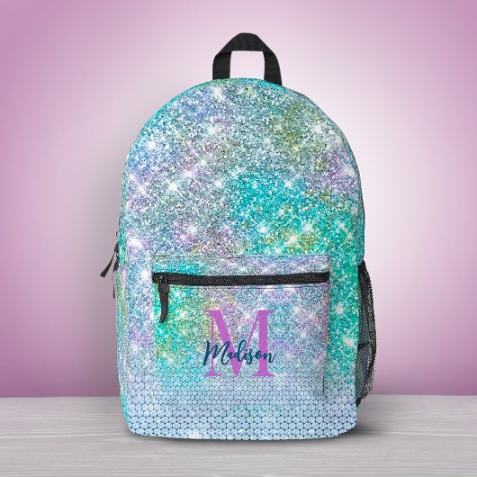 かわいいターコイズユニコーンフェイクグリッターモノグラム プリントバックパック