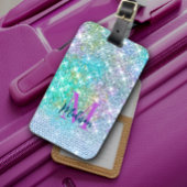 かわいいターコイズユニコーンフェイクグリッターモノグラム ラゲッジタグ