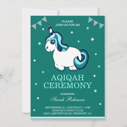 かわいいターコイズユニコーン赤ちゃん女の子のqiqah 招待状 (正面)