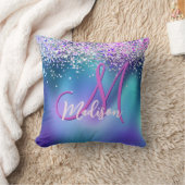 かわいいターコイズ紫フェイクグリッターモノグラム クッション (ブランケット)