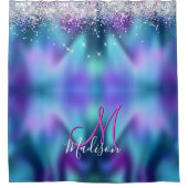 かわいいターコイズ紫フェイクグリッターモノグラム シャワーカーテン (正面)