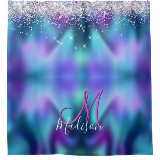 かわいいターコイズ紫フェイクグリッターモノグラム シャワーカーテン (正面)