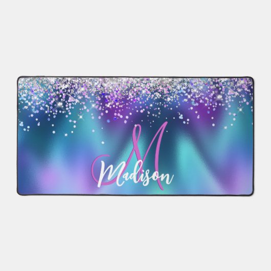 かわいいターコイズ紫フェイクグリッターモノグラム デスクマット (正面)