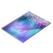 かわいいターコイズ紫フェイクグリッターモノグラム ノートブック (左側)