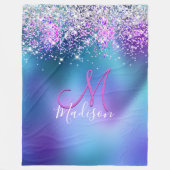 かわいいターコイズ紫フェイクグリッターモノグラム フリースブランケット (正面)