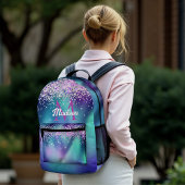 かわいいターコイズ紫フェイクグリッターモノグラム プリントバックパック
