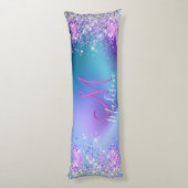 かわいいターコイズ紫フェイクグリッターモノグラム ボディピロー (裏面 (縦))