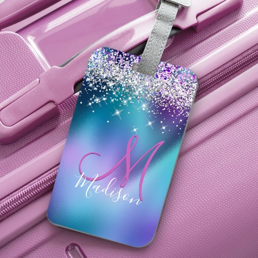 かわいいターコイズ紫フェイクグリッターモノグラム ラゲッジタグ