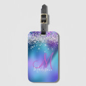 かわいいターコイズ紫フェイクグリッターモノグラム ラゲッジタグ (正面縦)