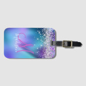 かわいいターコイズ紫フェイクグリッターモノグラム ラゲッジタグ (正面横)