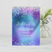 かわいいターコイズ紫フェイクグリッターモノグラム 招待状 (スタンド正面)
