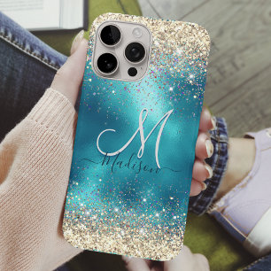 かわいいターコイズ金ゴールドフェイクグリッターモノグラムケースマット iPhone 16 PROケース