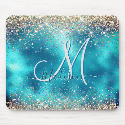 かわいいターコイズ金ゴールドフェイクグリッターモノグラム マウスパッド (正面)