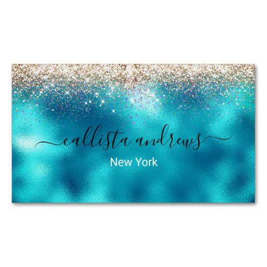 かわいいターコイズ金ゴールドフェイクグリッター マグネット名刺 (正面)