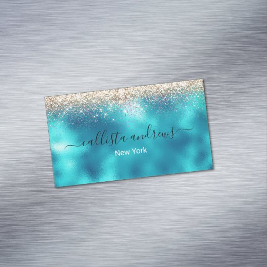 かわいいターコイズ金ゴールドフェイクグリッター マグネット名刺 (インサイチュ)