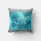 かわいいターコイズ銀フェイクグリッターモノグラム クッション (正面)