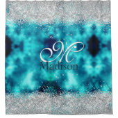 かわいいターコイズ銀フェイクグリッターモノグラム シャワーカーテン (正面)
