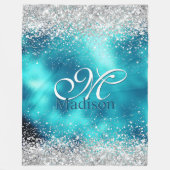 かわいいターコイズ銀フェイクグリッターモノグラム フリースブランケット (正面)