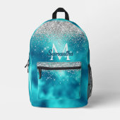 かわいいターコイズ銀フェイクグリッターモノグラム プリントバックパック (正面)