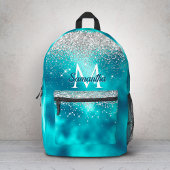 かわいいターコイズ銀フェイクグリッターモノグラム プリントバックパック