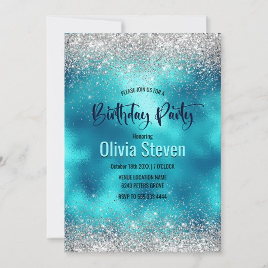 かわいいターコイズ銀フェイクグリッターモノグラム 招待状 (正面)