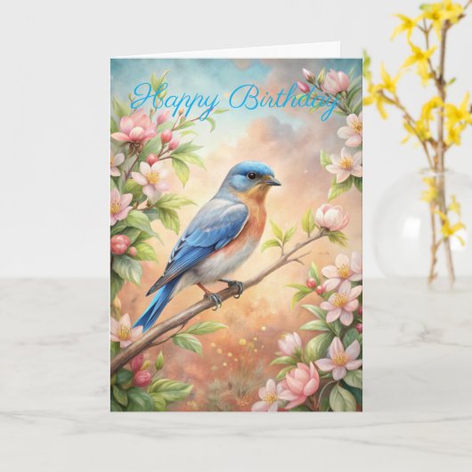 かわいいターコイズ鳥誕生日カード カード (黄色い花)