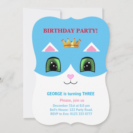 かわいいターコイズ&ホワイトプリンスツキセドキャット誕生日 招待状 (正面)