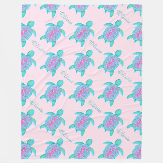 かわいいタートルピンクハート名パターン(の模様が)ある毛布 フリースブランケット (正面)