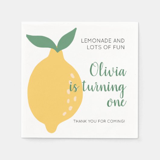 かわいいターニングワンイエローレモン1st誕生日 スタンダードカクテルナプキン (正面)