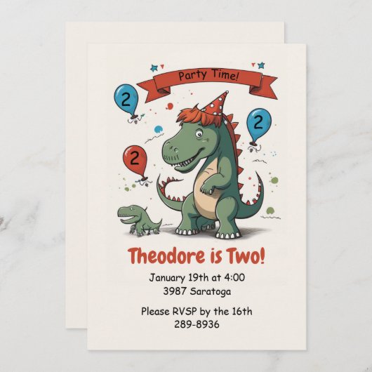 かわいいダイナソールと彼女のベビー誕生日パーティー 招待状 (正面/裏面)