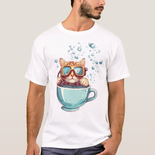 かわいいダイバー猫 ダイビング好きな猫ちゃん 紅茶好き Tシャツ (正面)