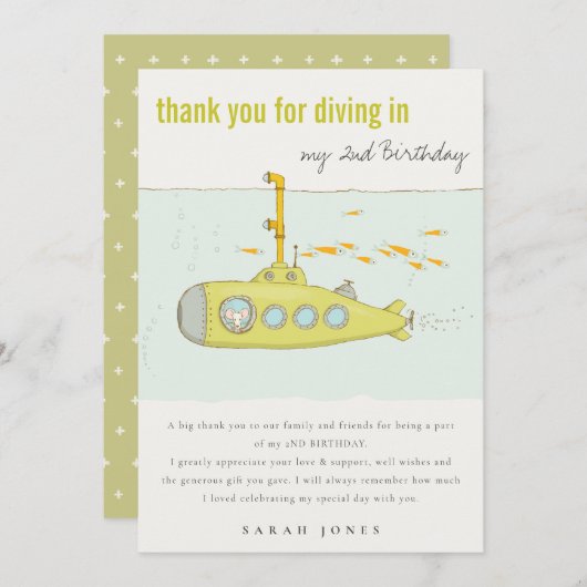 かわいいダイビング水中潜水艦の任意の年齢誕生日 サンキューカード (正面/裏面)