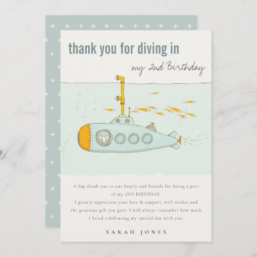かわいいダイビング水中潜水艦の任意の年齢誕生日 サンキューカード (正面/裏面)