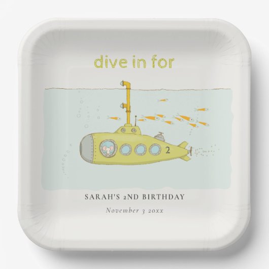 かわいいダイビング水中潜水艦の任意の年齢誕生日 ペーパープレート (正面)