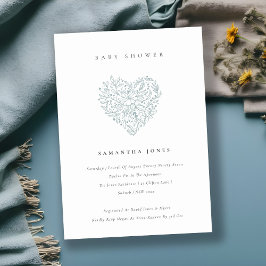 かわいいダスキーブルーフローラハートベビーシャワー招待状 サンキューカード