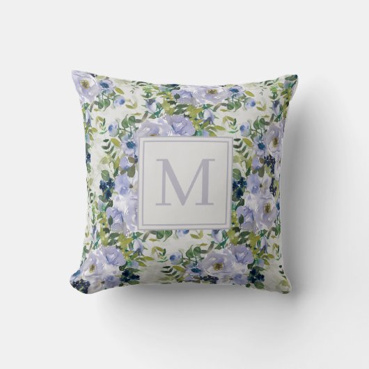 かわいいダスティブルーネイビーフローラホワイトモノグラム クッション (正面)