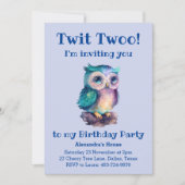 かわいいダスティブルーフクロウキッズウッドランド誕生日 招待状 (正面)