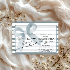 かわいいダスティブルーボウの男の子ベビーストライプシャワー 招待状