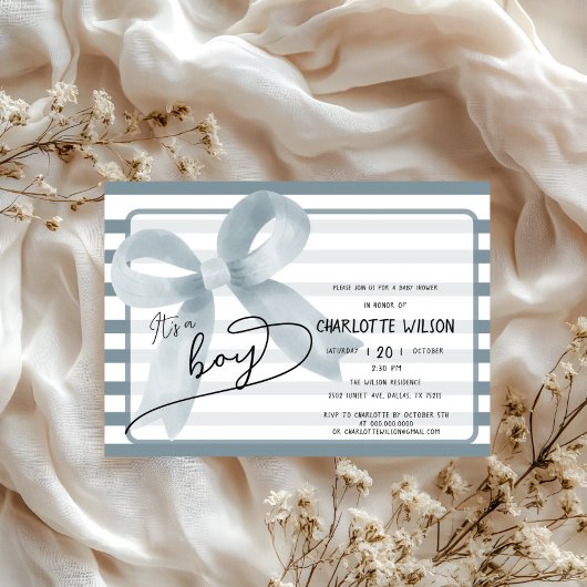 かわいいダスティブルーボウの男の子ベビーストライプシャワー 招待状
