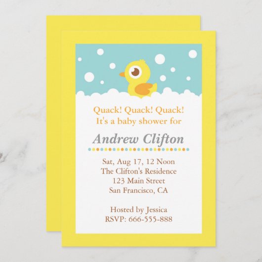 かわいいダッキー(アヒルちゃん)と泡のベビーシャワーパーティー 招待状 (正面/裏面)
