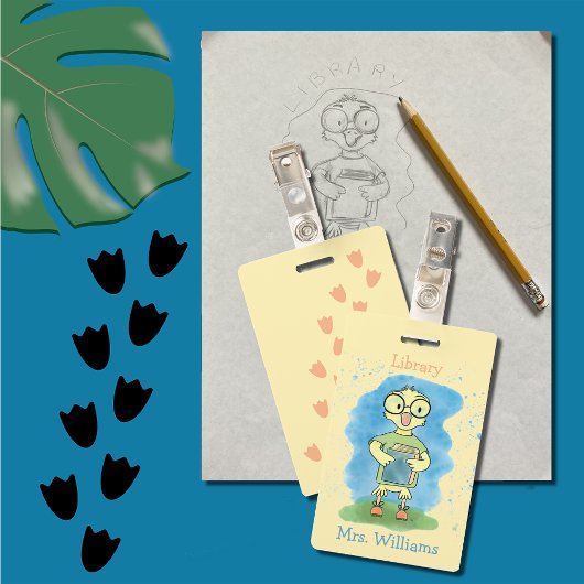 かわいいダックが本を持って黄色の図書館の廊下を歩くパス バッジ