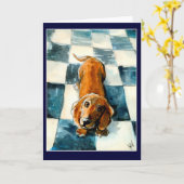 かわいいダックスフント犬の挨拶またはメッセージカード カード (黄色い花)