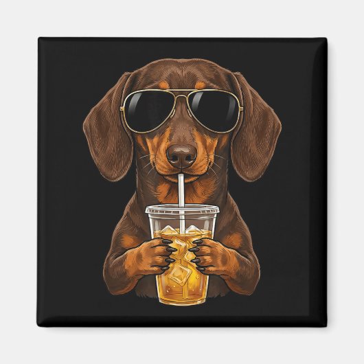 かわいいダックスフンドがアイスコーヒーを飲む面白い犬のミーム マグネット (正面)