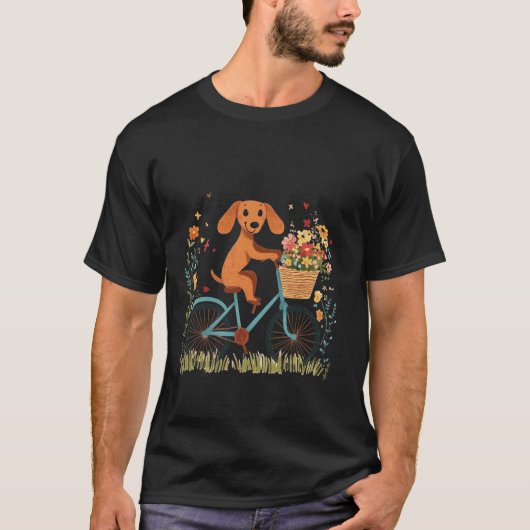 かわいいダックスフンドが自転車に乗って春の花を Tシャツ (正面)