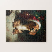 かわいいダックスフンドの子犬のクリスマス絵画 ジグソーパズル (横)