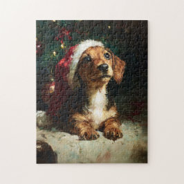 かわいいダックスフンドの子犬のクリスマス絵画 ジグソーパズル